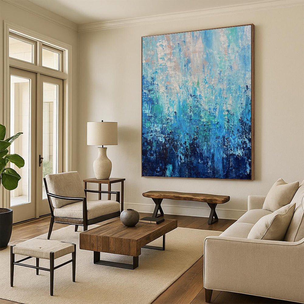 Oversized Abstract Wall Art in Shades of Blue and Teal, Hand-Painted Acrylic PT289