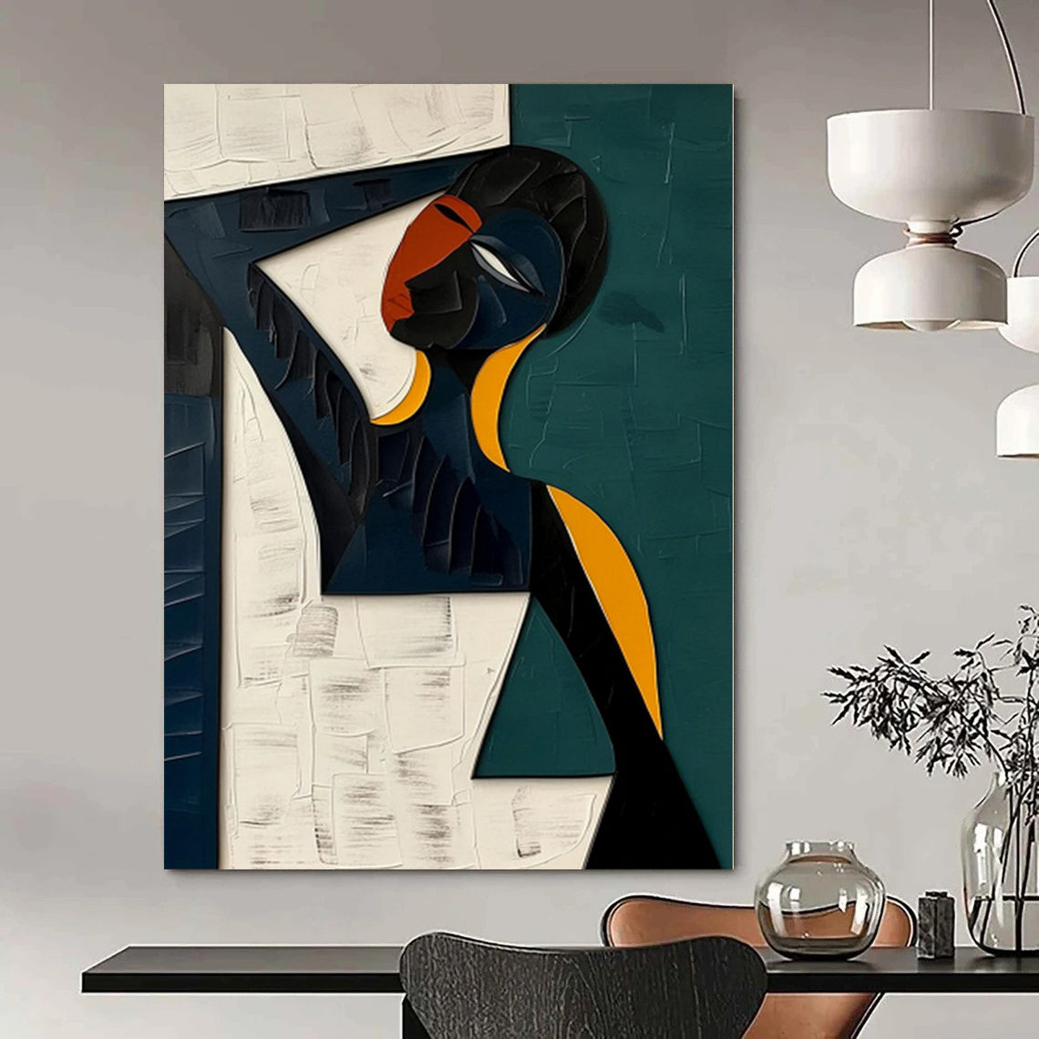 Acrylic Modern Art Paintings Geometric Figure with Teal, Black, White, and Orange Abstract Portrait DPS423