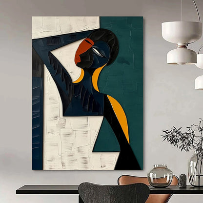 Acrylic Modern Art Paintings Geometric Figure with Teal, Black, White, and Orange Abstract Portrait DPS423