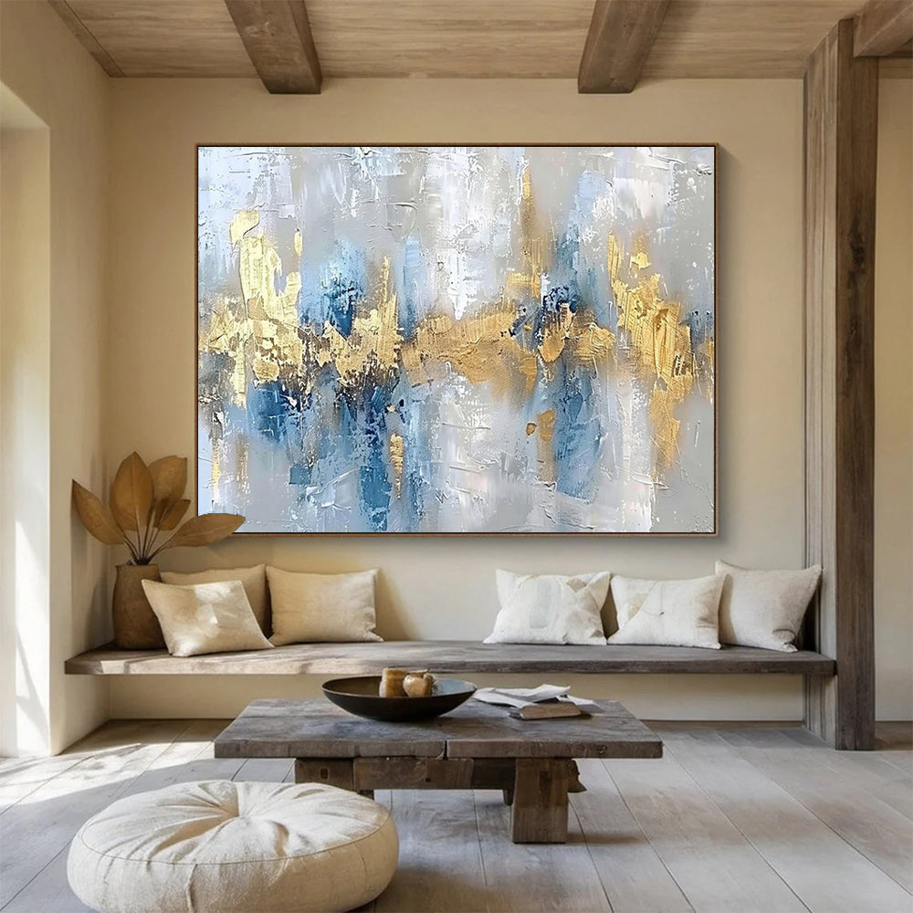 Hand Painted Art Gray, Blue & Gold Textured Abstract Art HPS193