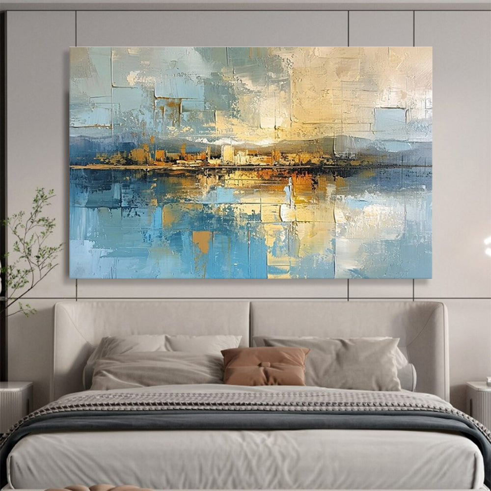 Hand-Painted Blue, Beige, and Gold Abstract City Reflection Art HPS381