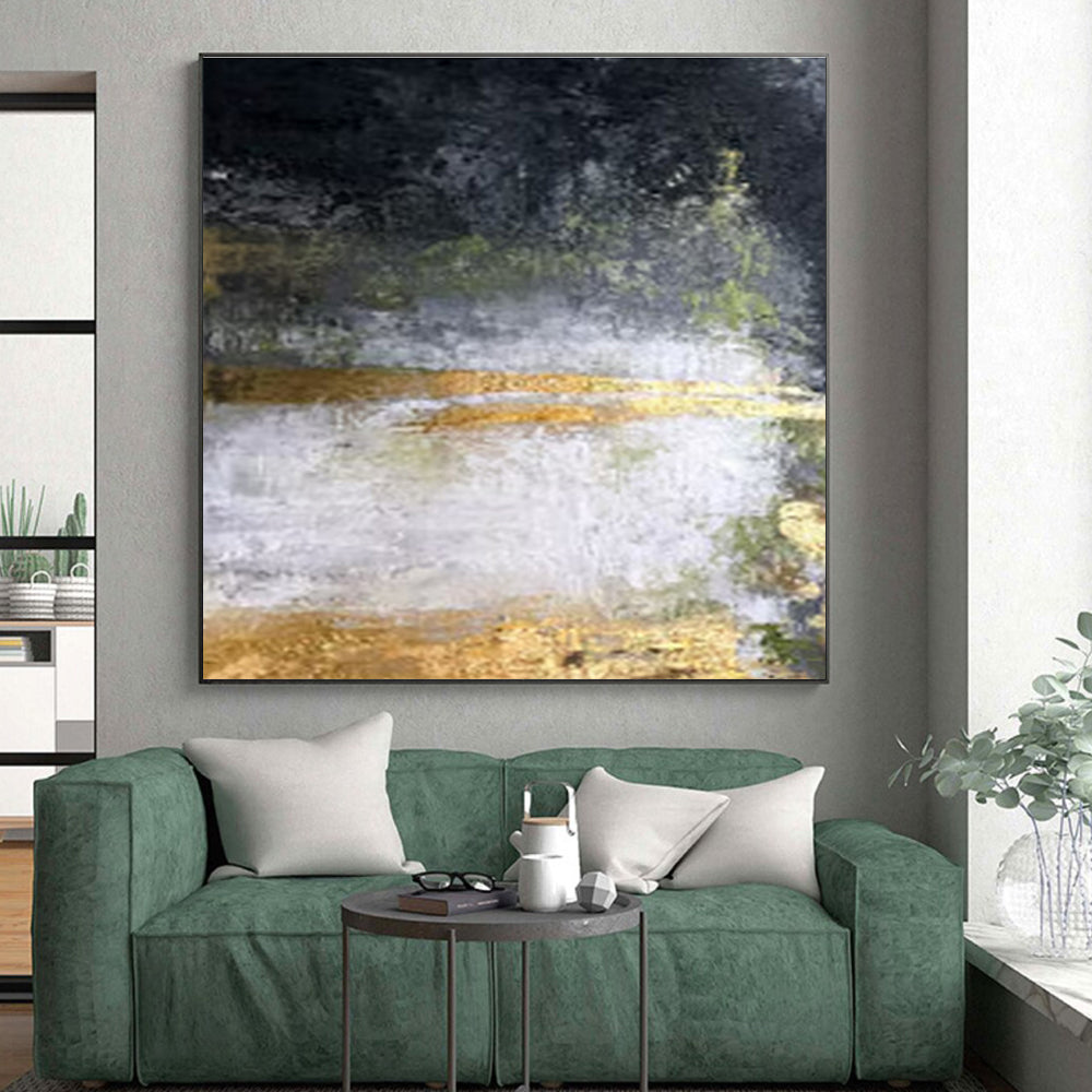 Hand-Painted Black, Gold, and White Textured Abstract Art PT653