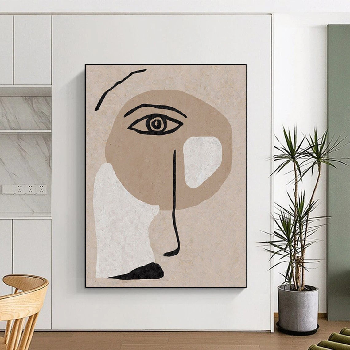 Unique Abstract Art Beige, Black, and White Facial Abstract Art PT702