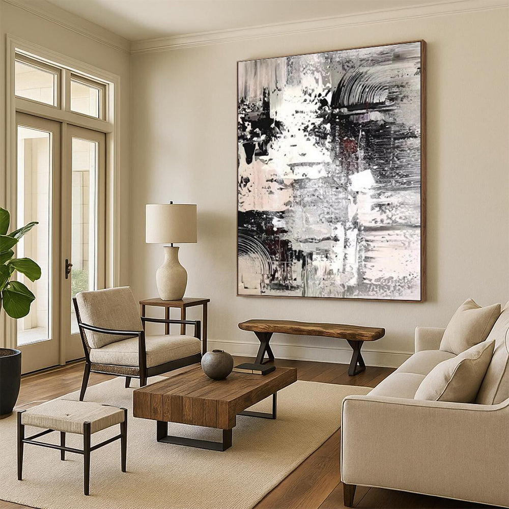 Hand Painted Art in Black, White, and Grey Abstract Textural Layers Painting On Canvas PT272