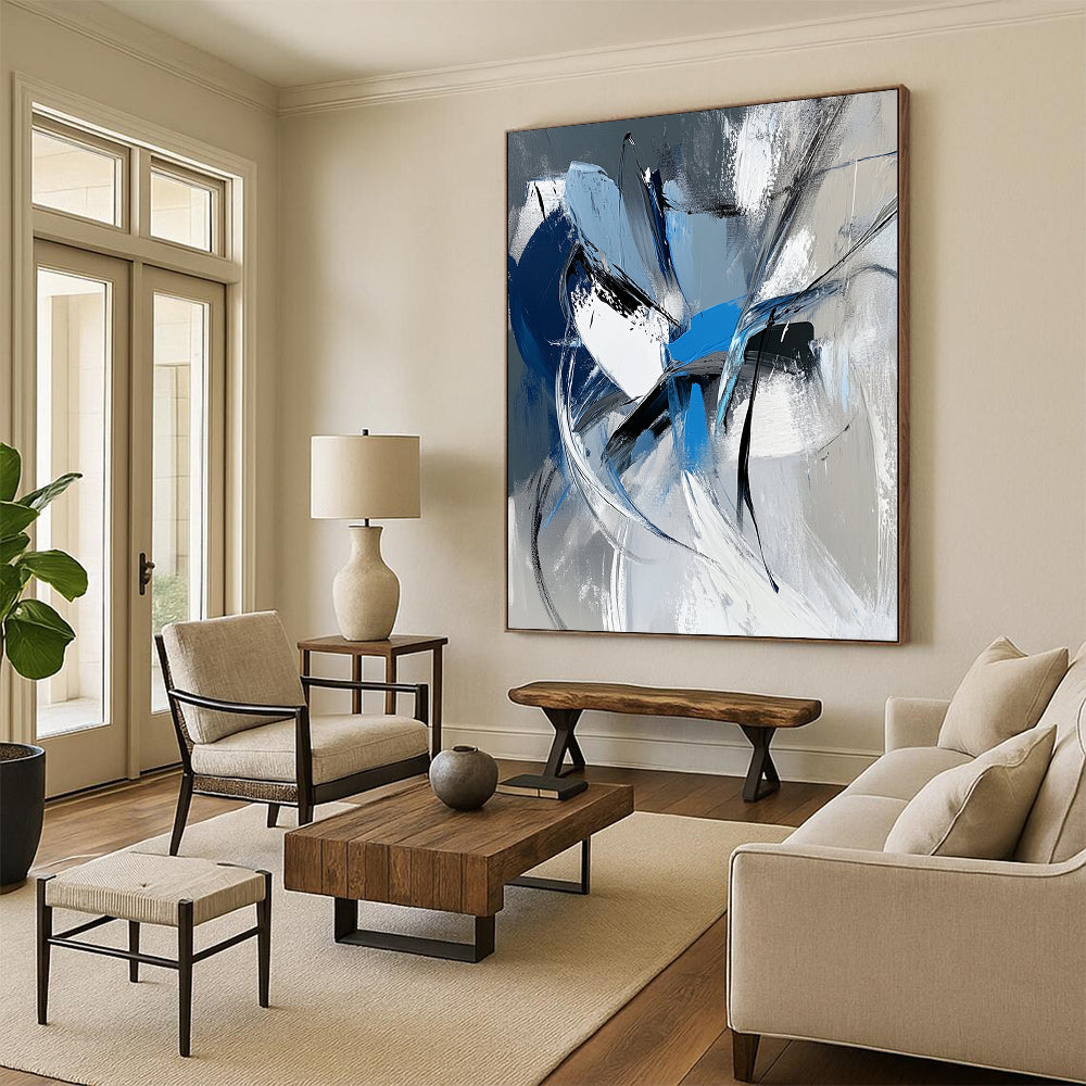 Large Abstract Art For Sale, Blue Gray Black White Abstract Expressionist Art PT164