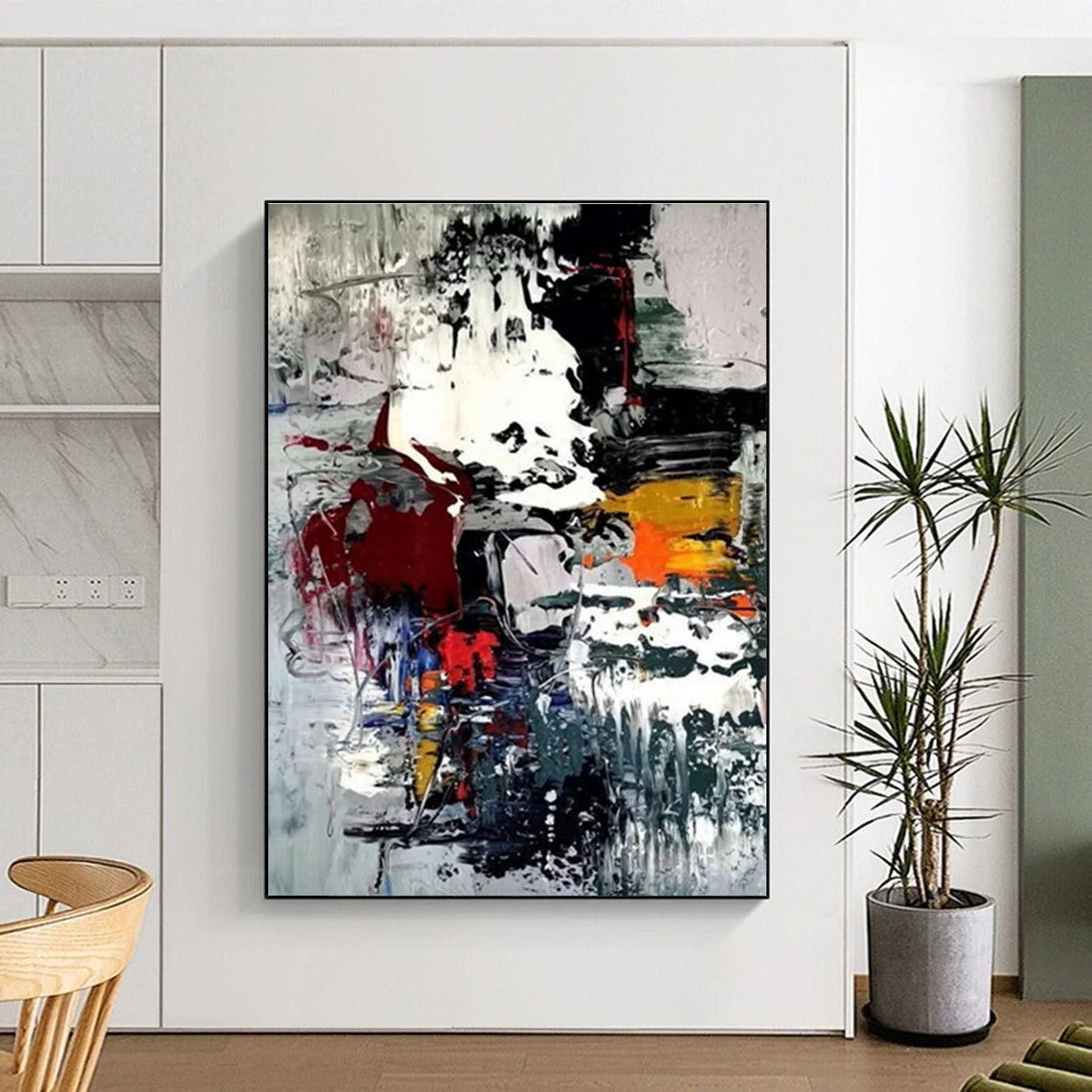 Hand-Painted Multicolor (Red, Black, White, Yellow, Blue) Abstract Energetic Shapes Painting On Canvas PT271