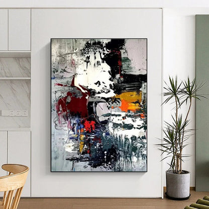 Hand-Painted Multicolor (Red, Black, White, Yellow, Blue) Abstract Energetic Shapes Painting On Canvas PT271