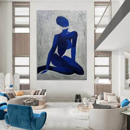 Hand-Painted Blue and White Geometric Figure Abstract Portrait Painting DPS426