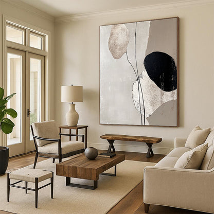 Large Abstract Art For Sale, Beige Black White Abstract Minimalist Geometric Art PT174