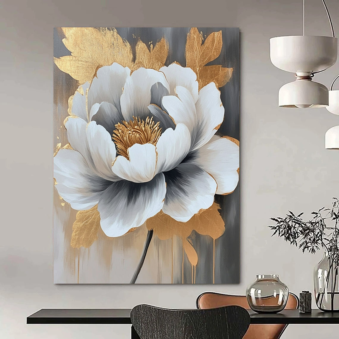 Paintings For House Gray, White, and Gold Floral Abstract Flower Painting DPS435