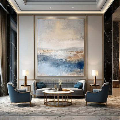 Huge Size Beige, Gray & Blue Abstract Landscape, Large Contemporary Wall Art DPS502