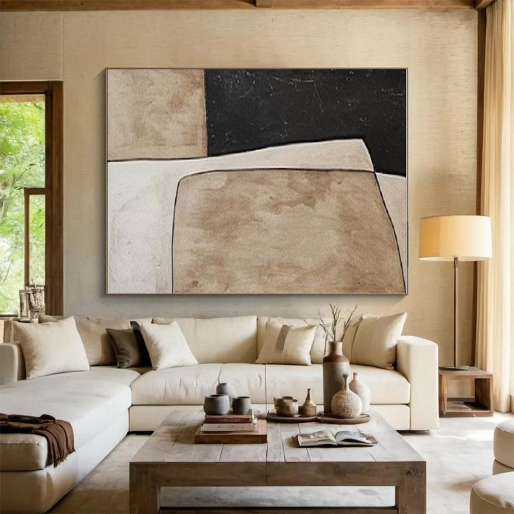 Hand-Painted Black, Beige, and Brown Geometric Abstract Art PT672