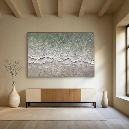 Large Contemporary Wall Art Green and White Textured Abstract Seaside Art HPS386