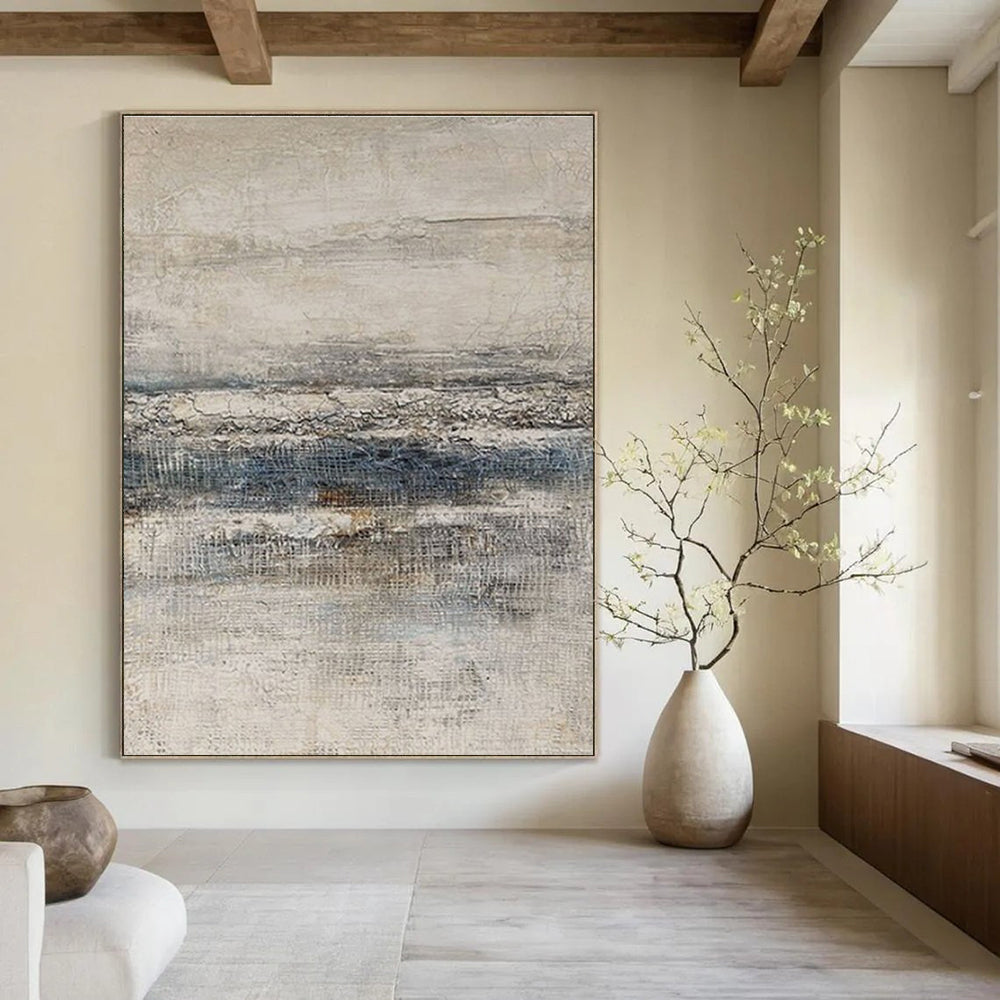 Huge Size Beige & Blue Textured Abstract Landscape, Large Contemporary Wall Art DPS488