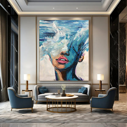 Acrylic Modern Art Paintings Blue, White, and Pink Abstract Portrait Painting DPS453