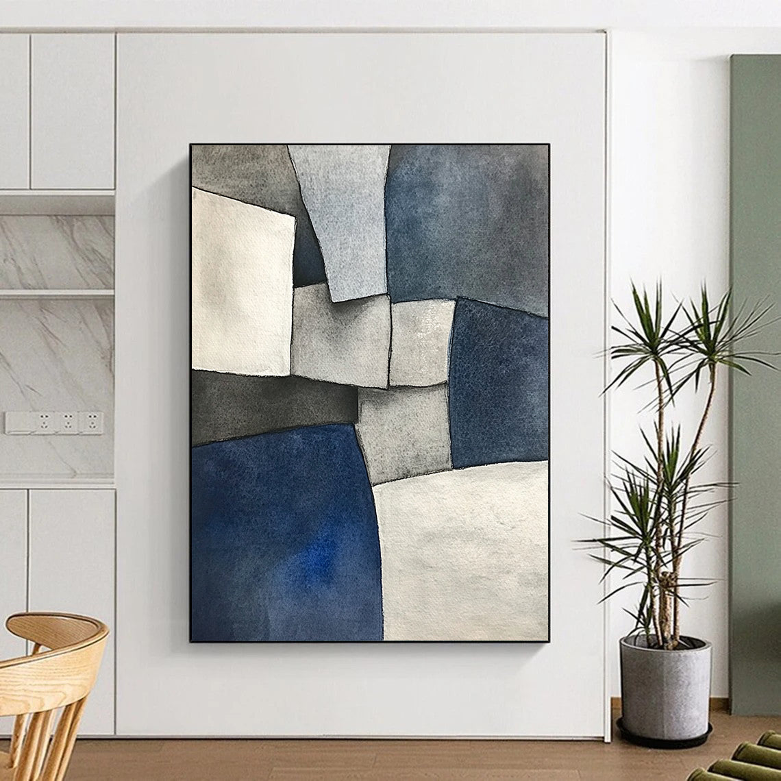 Custom Large Abstract Art For Living Room, Blue Gray White Geometric Abstract Art, Watercolor Painting PT139