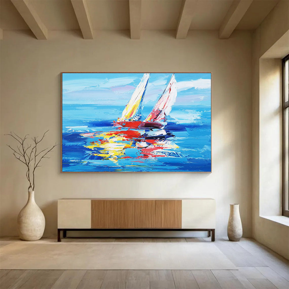 Hand Painting Blue, Red & Yellow Sailboat Impressionistic Acrylic Painting HPS232