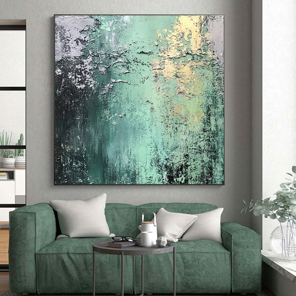 Modern Large Abstract Canvas Painting With Green, Gray, Yellow Textured Layers On Canvas PT187