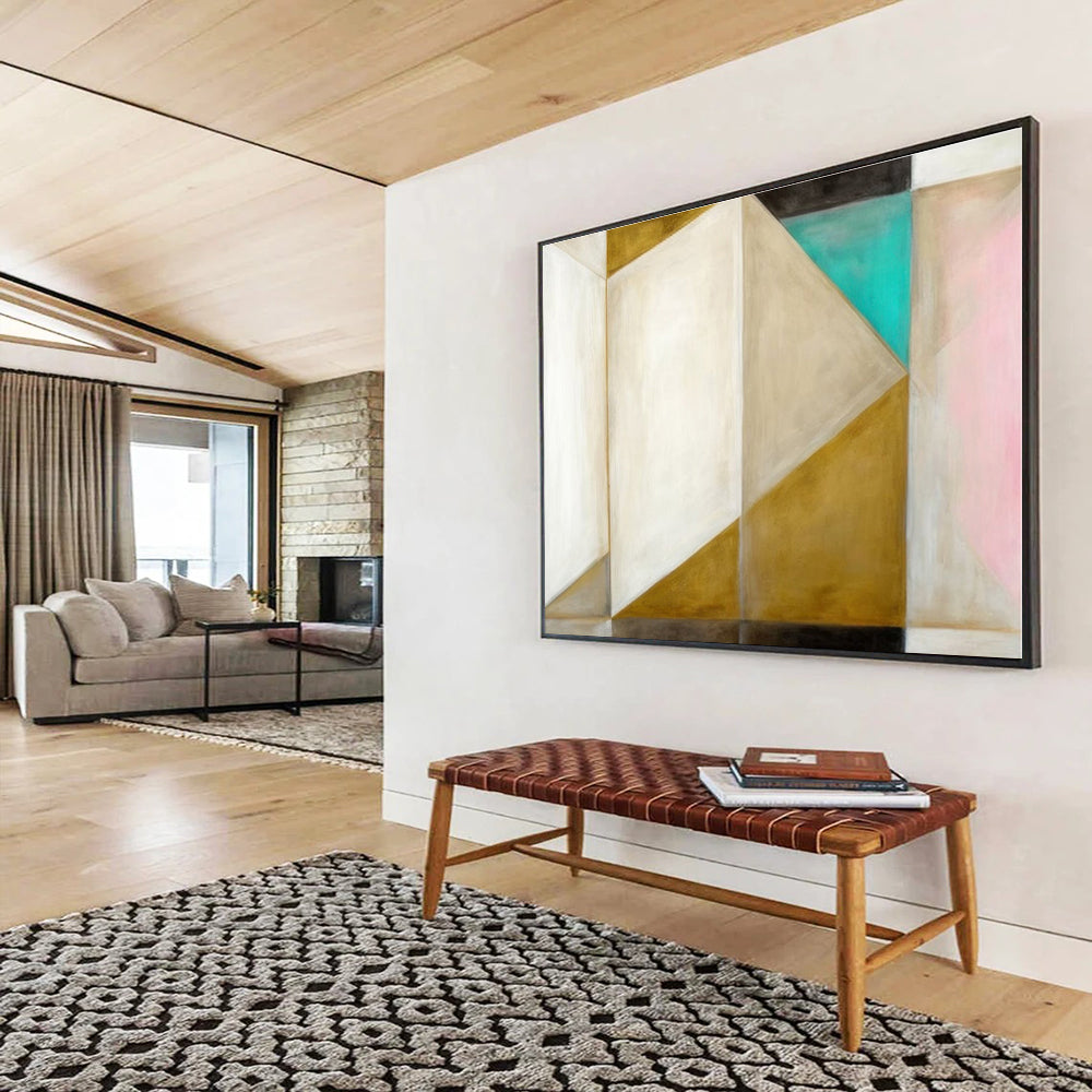 Unique Abstract Art Neutral Tones With Gold, Teal & Pink Geometric Abstract Painting On Canvas HPS072