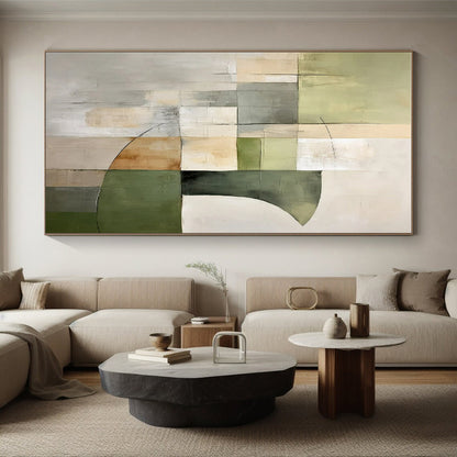 Handmade Art Green, Beige, and Gray Geometric Abstract Art PT780