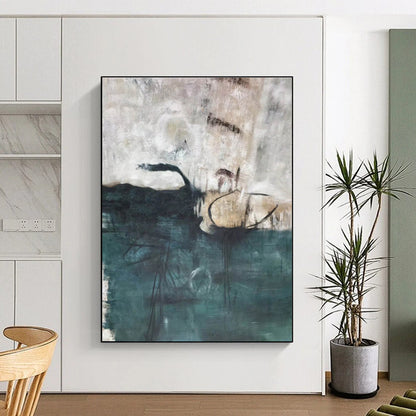 Modern Art Acrylic Teal Beige Textured Abstract Art PT397