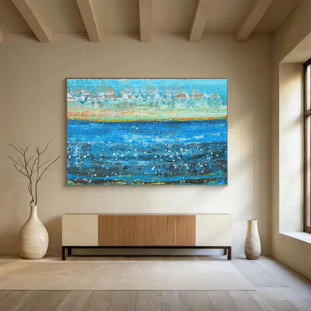 Hand-Painted Blue, Orange, and White Abstract Seaside Art HPS411