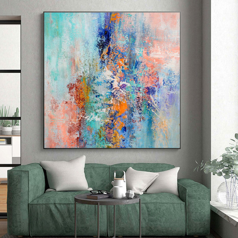 Cool Abstract Paintings in Multicolor (Teal, Orange, Blue, Pink, Purple) Abstract Energetic Splashes Painting On Canvas PT279