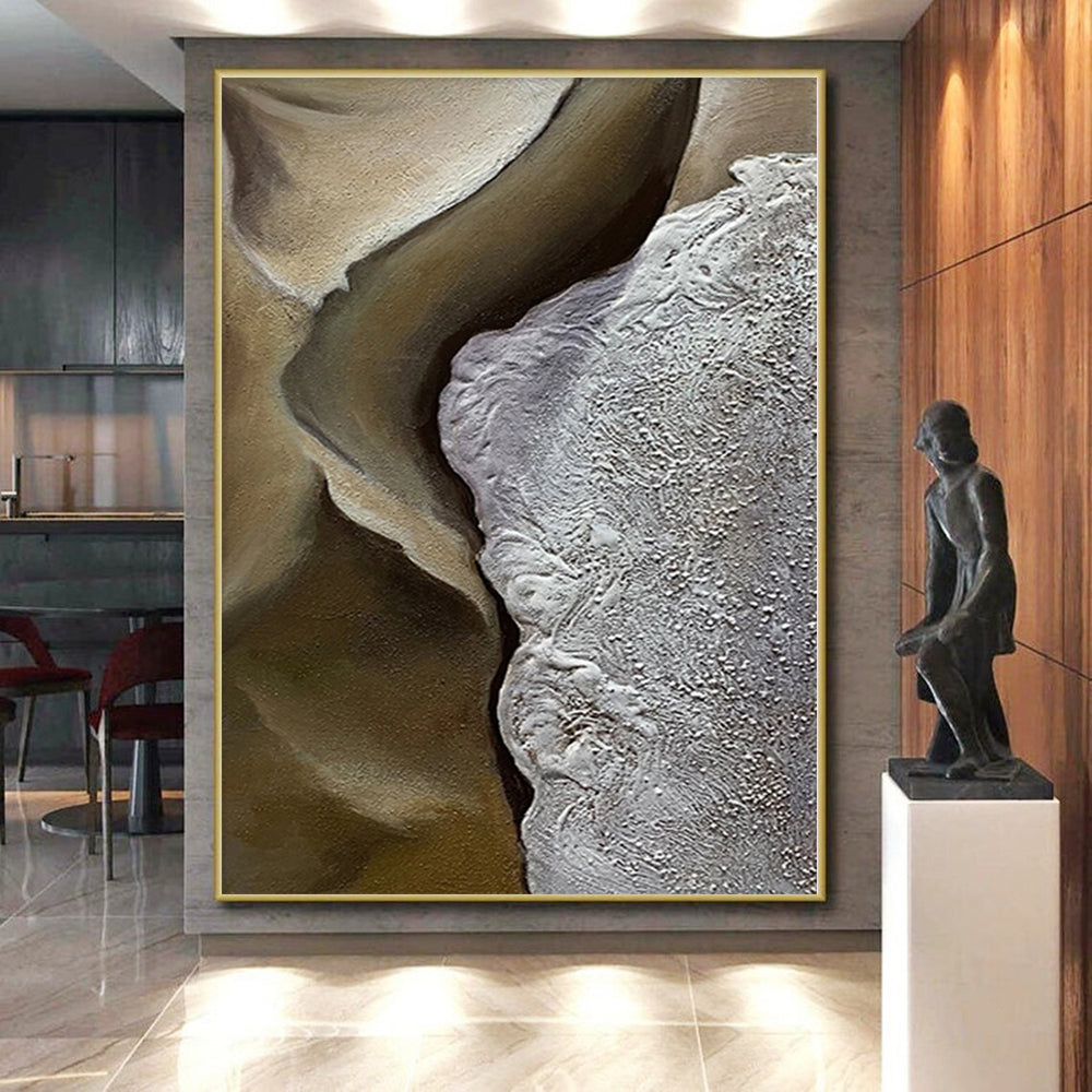 Large Size Abstract Painting with Beige and Gray Textured Forms, Large Painting In Living Room PT008