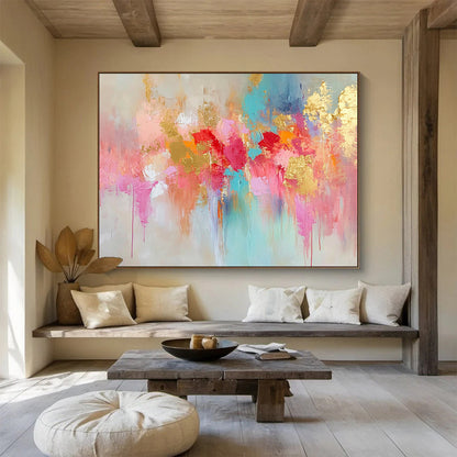 Gaint Canvas Art Colorful Abstract Floral with Gold Foil Modern Art Acrylic HPS302