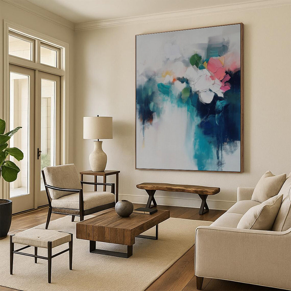 Modern Art Acrylic Blue, White, and Pink Floral Abstract Art PT718