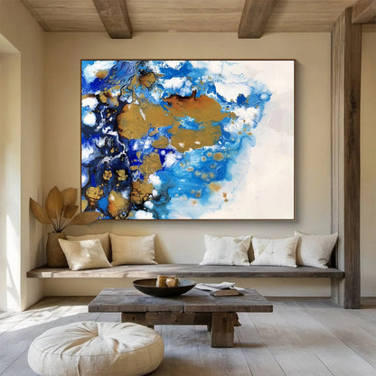 Acrylic Modern Art Paintings Blue, Gold & White Fluid Abstract On Canvas HPS058