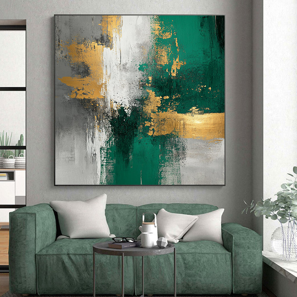 Unique Abstract Art Green, Gold & Gray Textured Abstract Painting On Canvas PT110