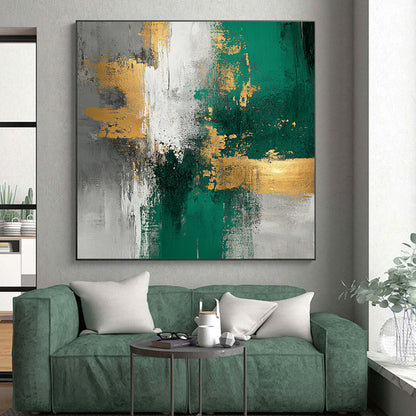 Unique Abstract Art Green, Gold & Gray Textured Abstract Painting On Canvas PT110