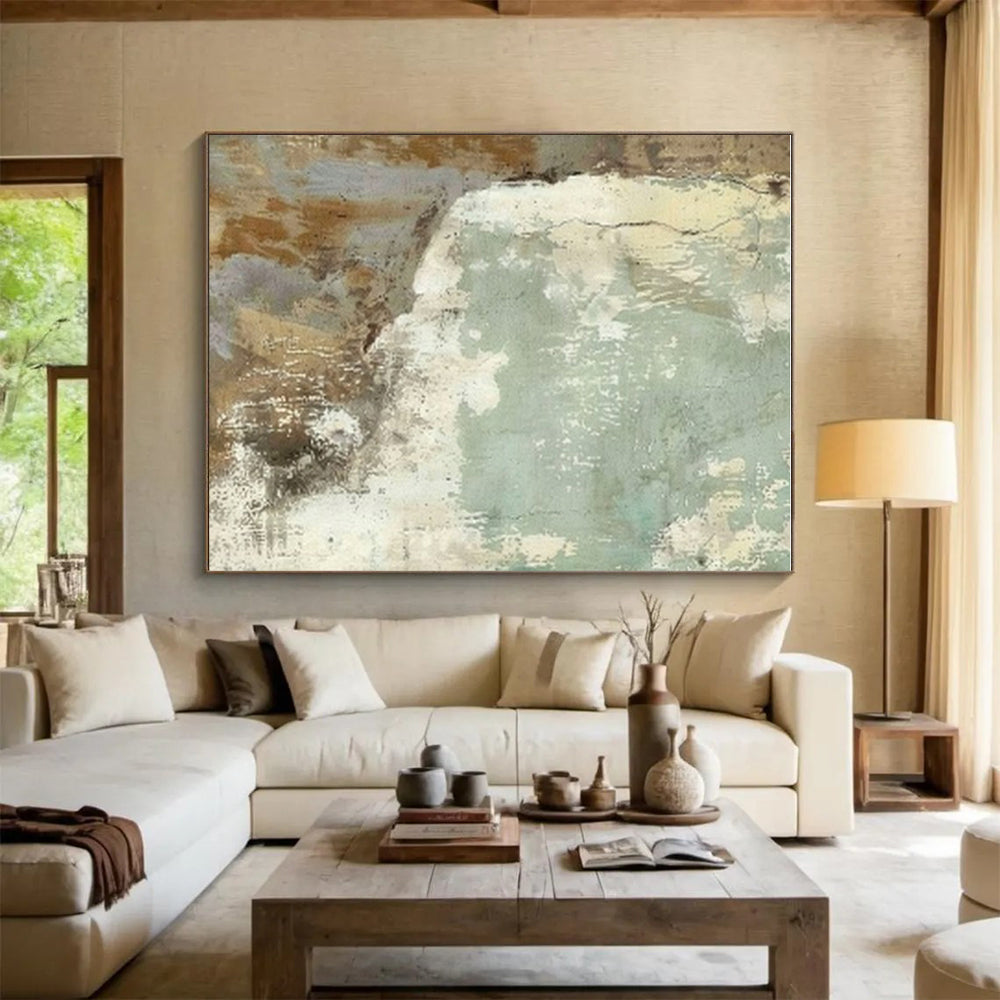 Modern Art Acrylic Beige, Green, and Gray Textured Abstract Art PT738