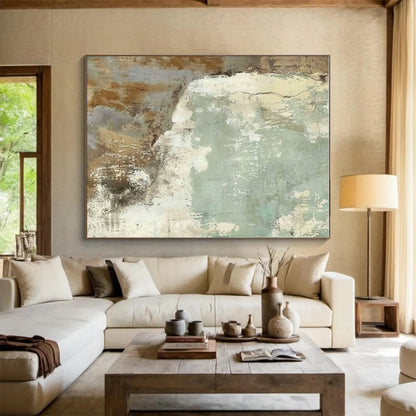 Modern Art Acrylic Beige, Green, and Gray Textured Abstract Art PT738