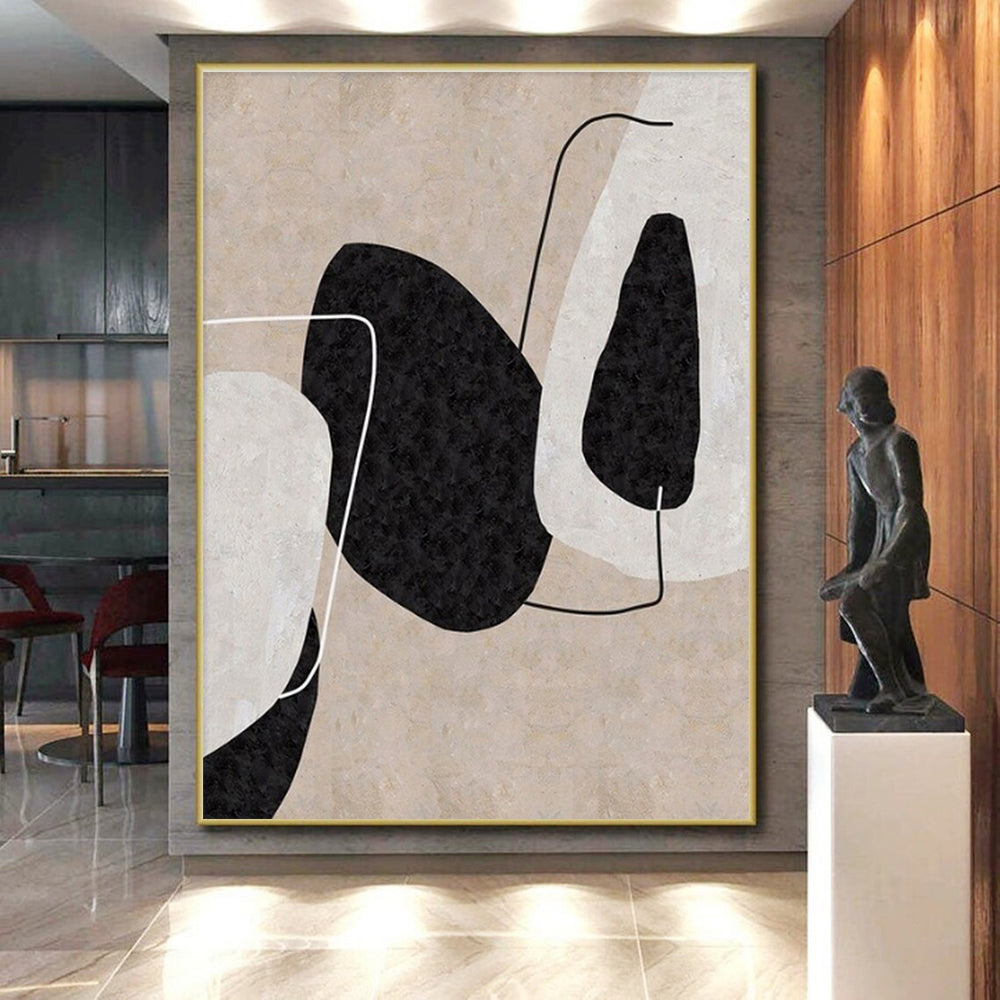 Minimalist Canvas Art Black, Beige, and White Organic Abstract Art PT691