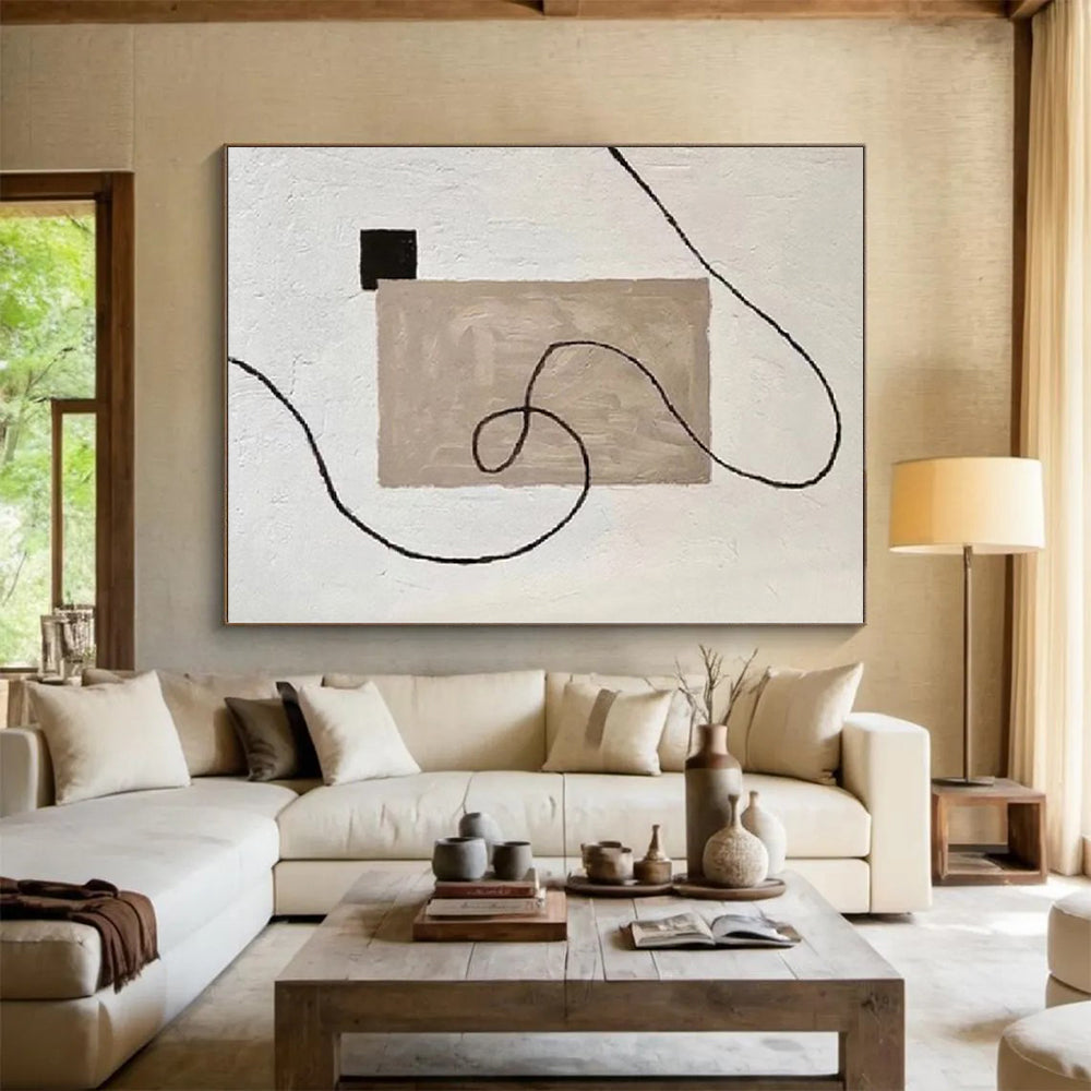 Handmade Art Beige, Black & White Minimalist Abstract Painting On Canvas PT064