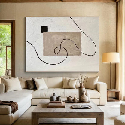 Handmade Art Beige, Black & White Minimalist Abstract Painting On Canvas PT064