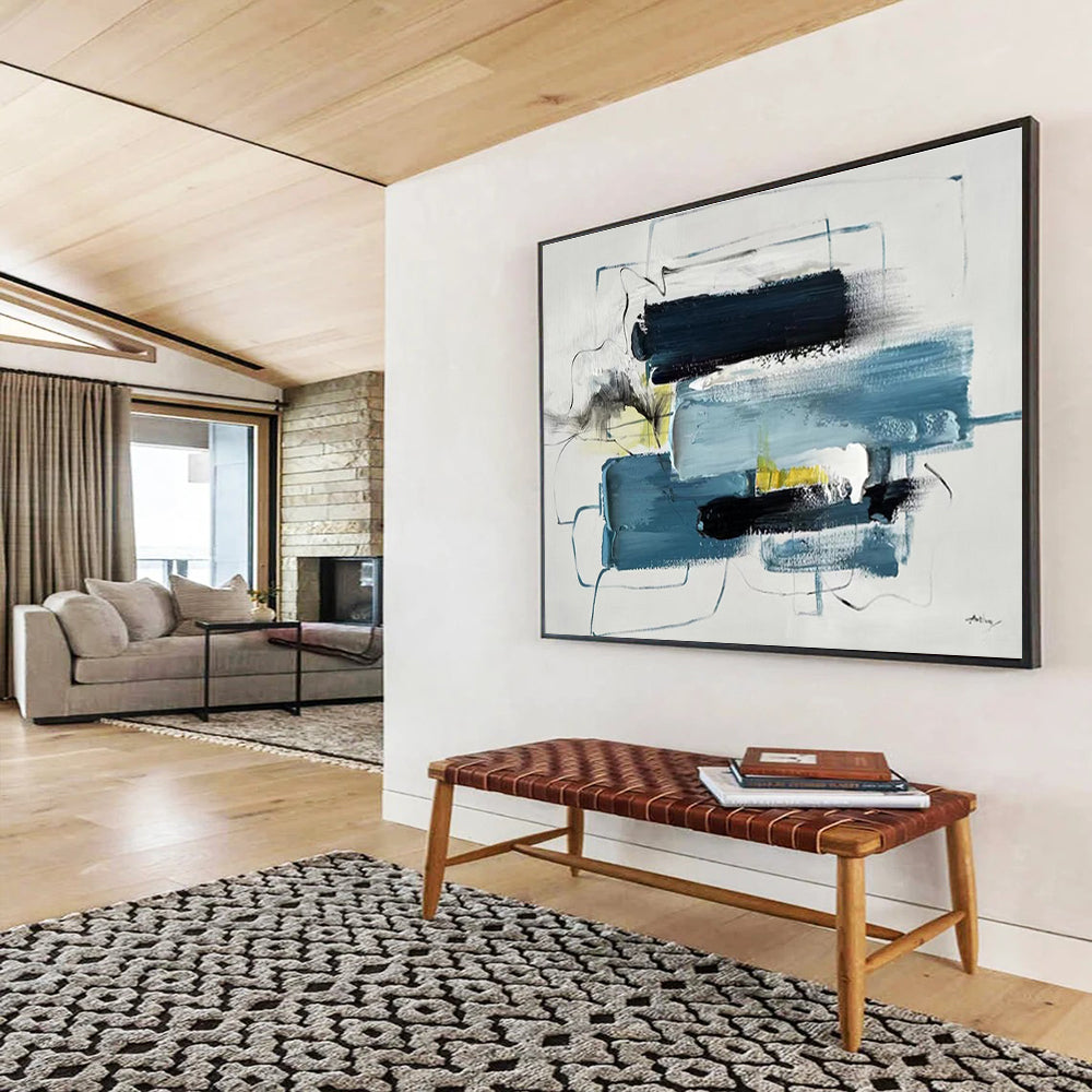 Huge Size Blue, Black, and Yellow Abstract Expressionist Art HPS353