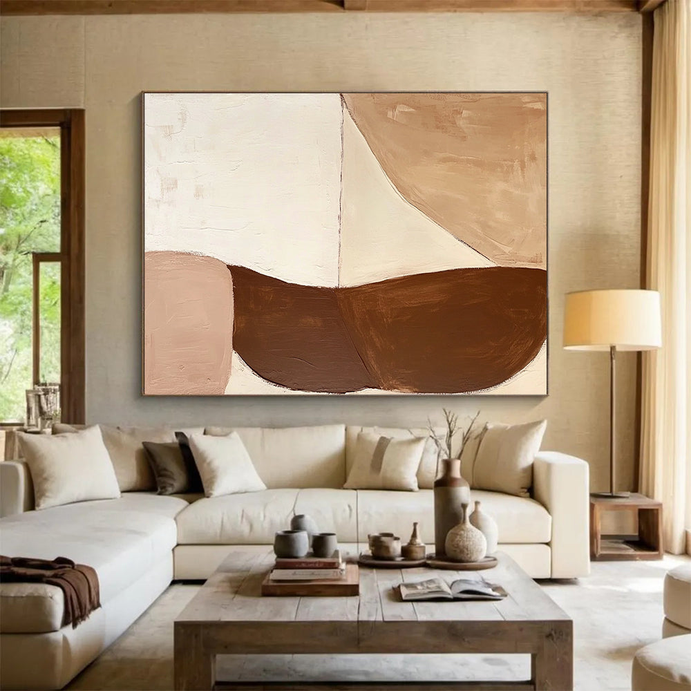 Modern Art Acrylic Beige & Brown Geometric Abstract Painting On Canvas PT129