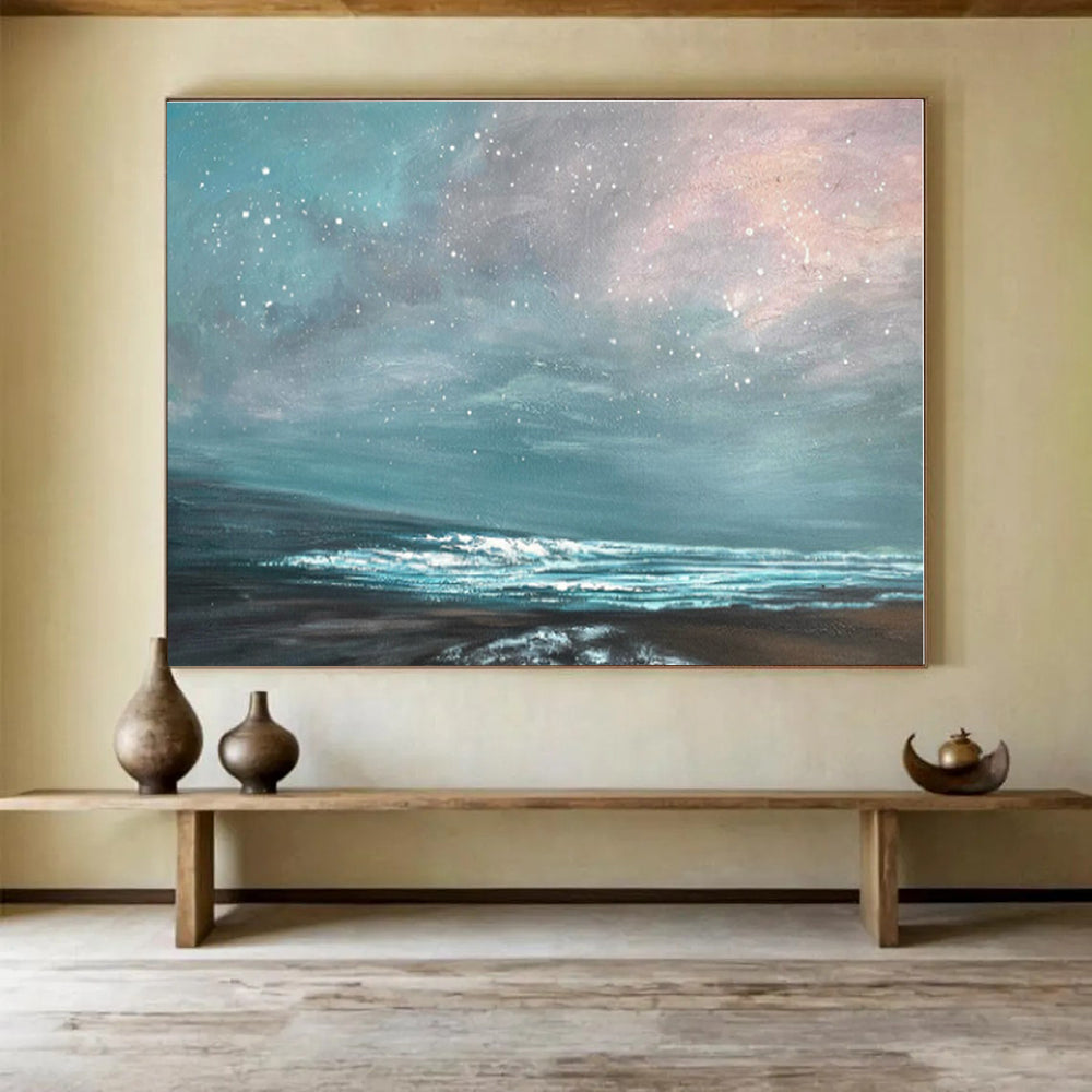 Modern Art Acrylic Teal & Pink Starry Sea Abstract On Canvas HPS037