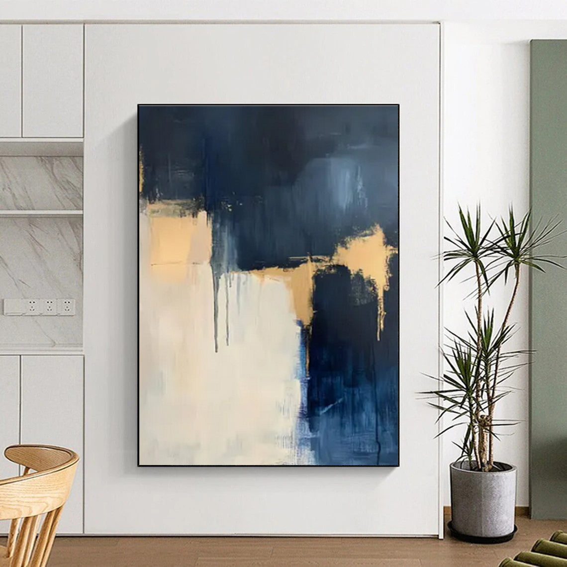 Modern Art Acrylic Navy, Beige, and Gold Textured Abstract Art PT748