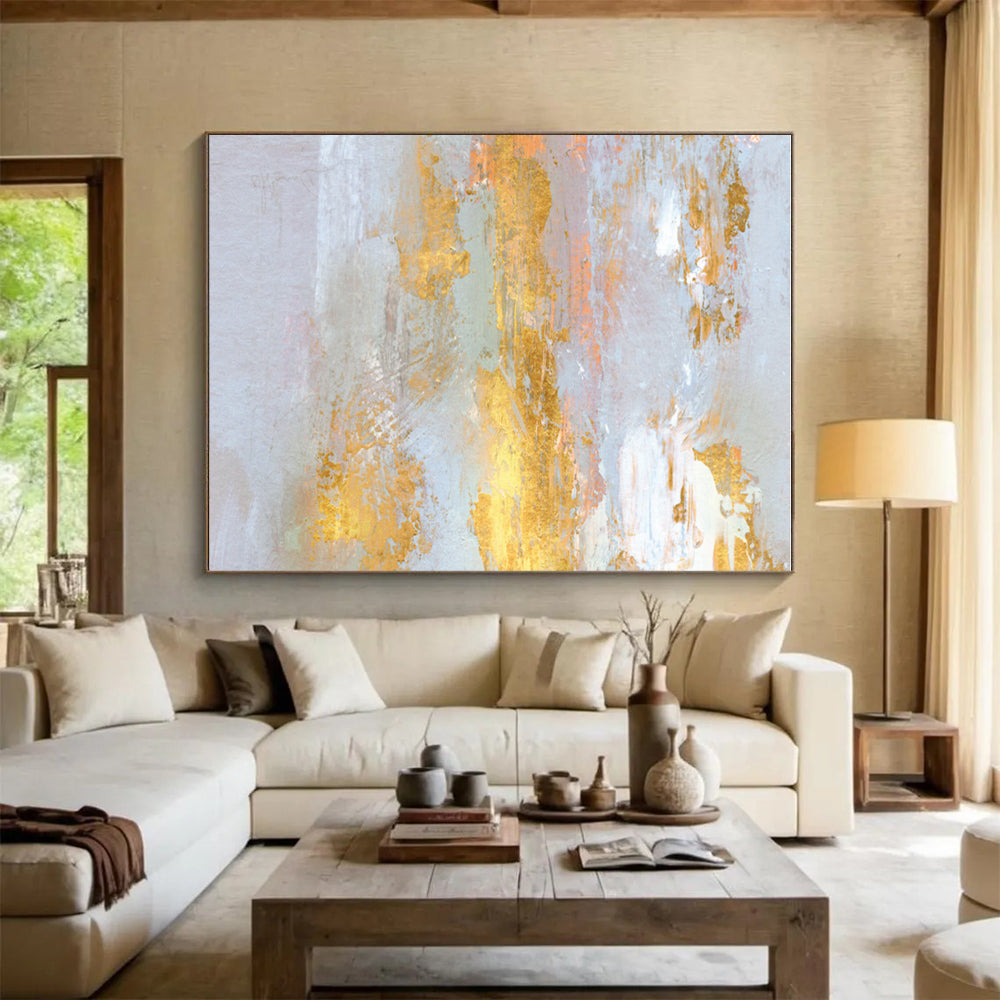 Oversized Abstract Wall Art in Grey, Gold, and Peach Abstract Textural Layers PT239