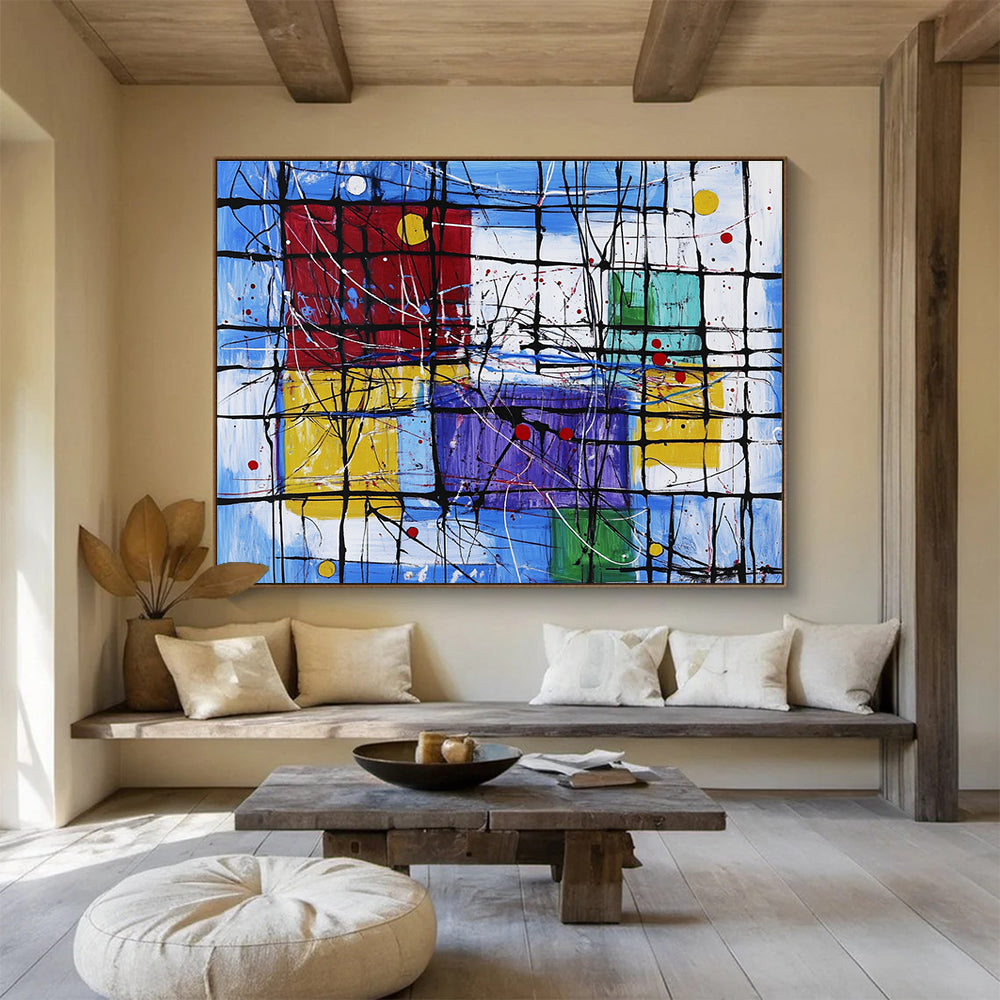 Modern Art Acrylic Multicolor (Blue, Red, Yellow, Purple) Geometric Abstract Painting HPS247