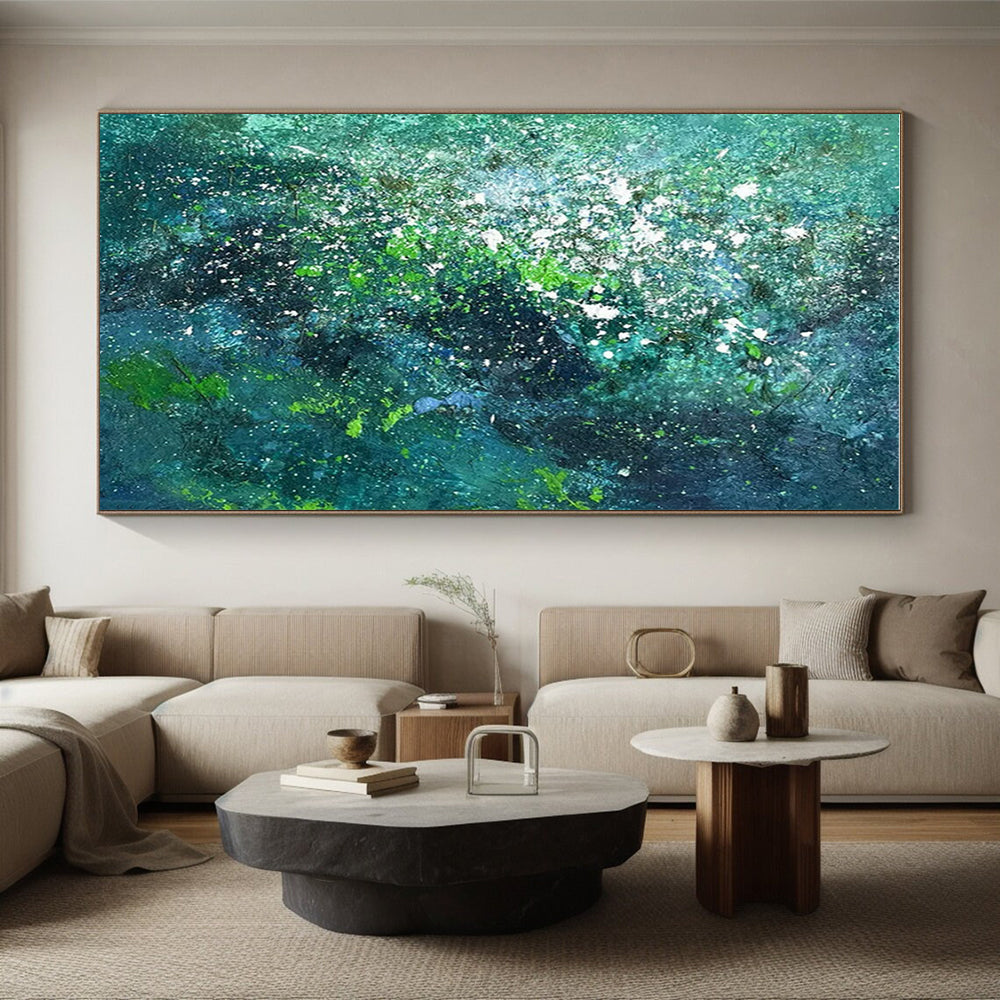 Large Contemporary Wall Art - Teal & Green Splattered Abstract Art PT568