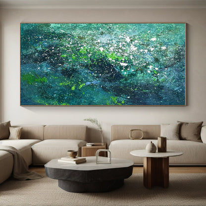 Large Contemporary Wall Art - Teal & Green Splattered Abstract Art PT568