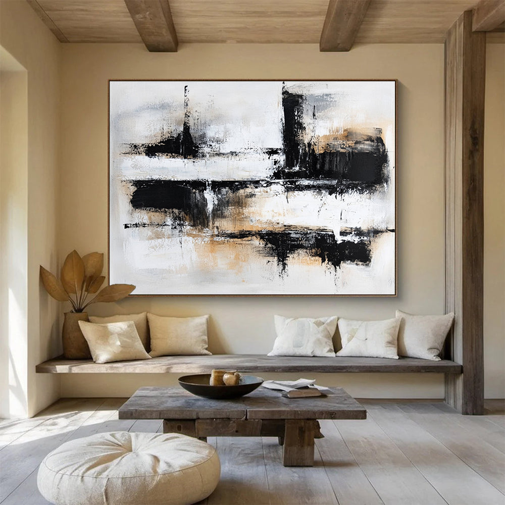 Large Contemporary Wall Art Black, White, and Beige Abstract Urban Scene HPS306