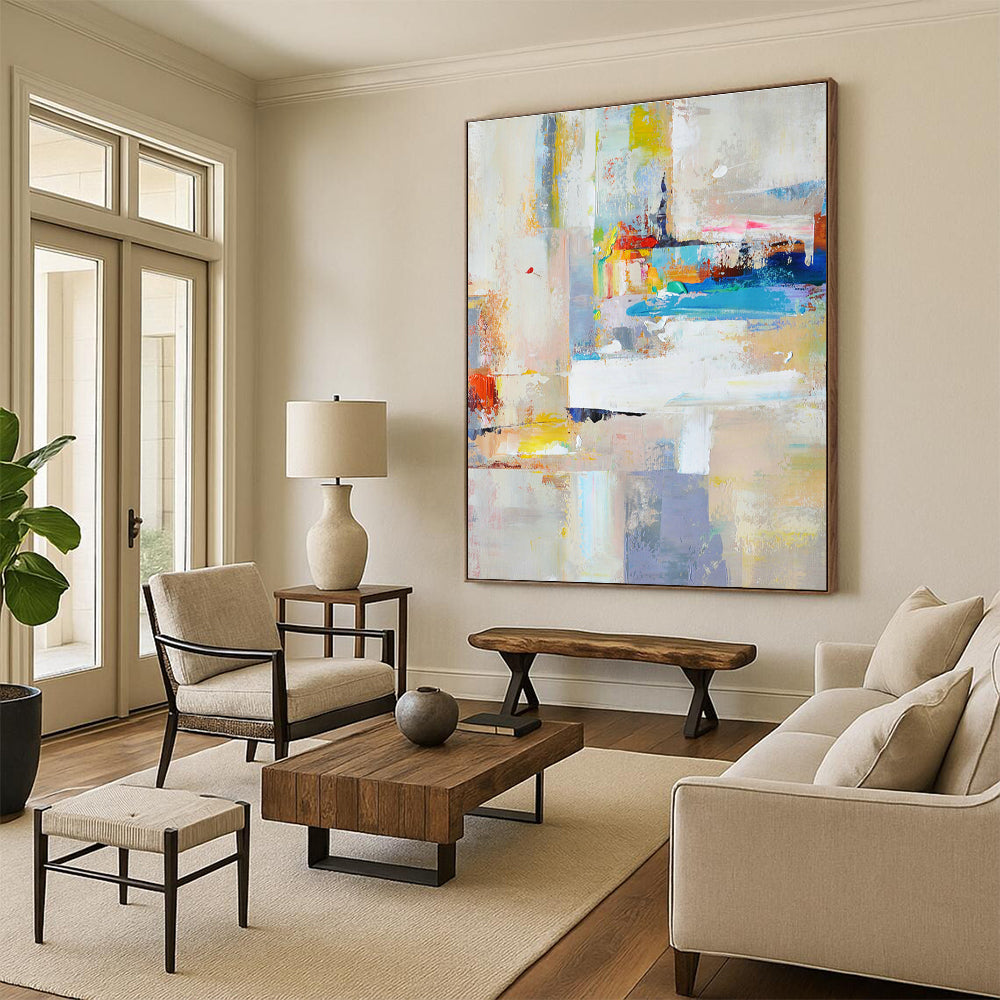 Acrylic Modern Art Paintings in Multicolor (Blue, Yellow, Red, White, Grey) Abstract Urban Compositions Painting On Canvas PT274