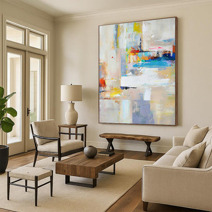 Acrylic Modern Art Paintings in Multicolor (Blue, Yellow, Red, White, Grey) Abstract Urban Compositions Painting On Canvas PT274