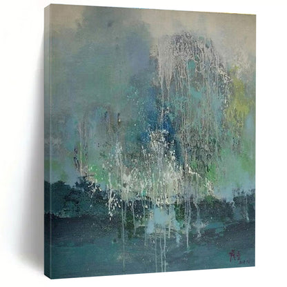 Hand Painted Art Teal and White Abstract Rainy Scene, Acrylic Modern Art Painting PT537